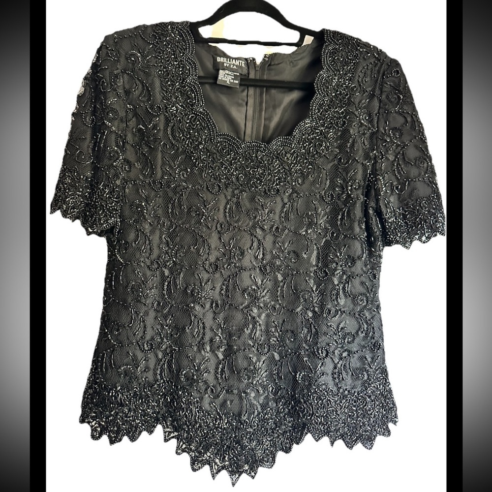 BRILLIANTE by J.A. Elegant Embellished Black Short Sleeve Top Sz Petite L